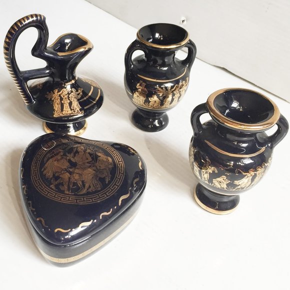 Lot of 4 Vintage Greek Mythology Ceramic w/ 24k Gold Trim: Trinket Vase Pitcher - Picture 1 of 12